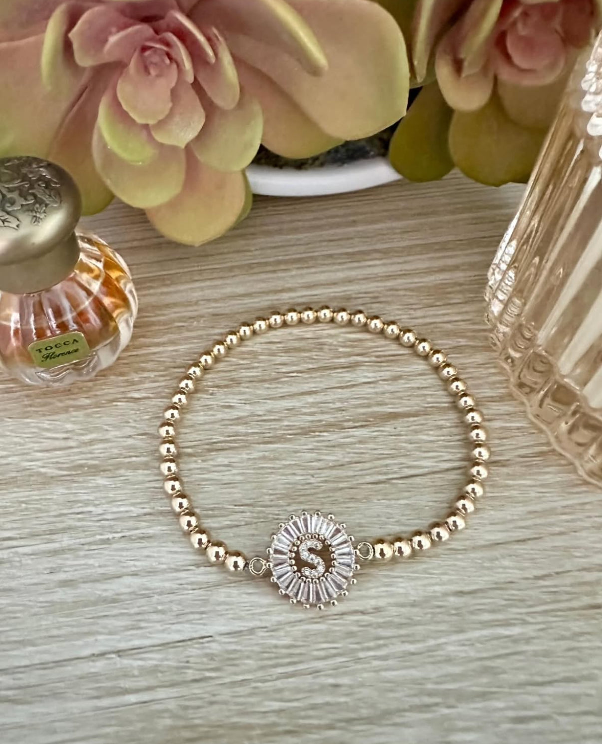 Round Gold Initial and Clear Baguette Bracelet