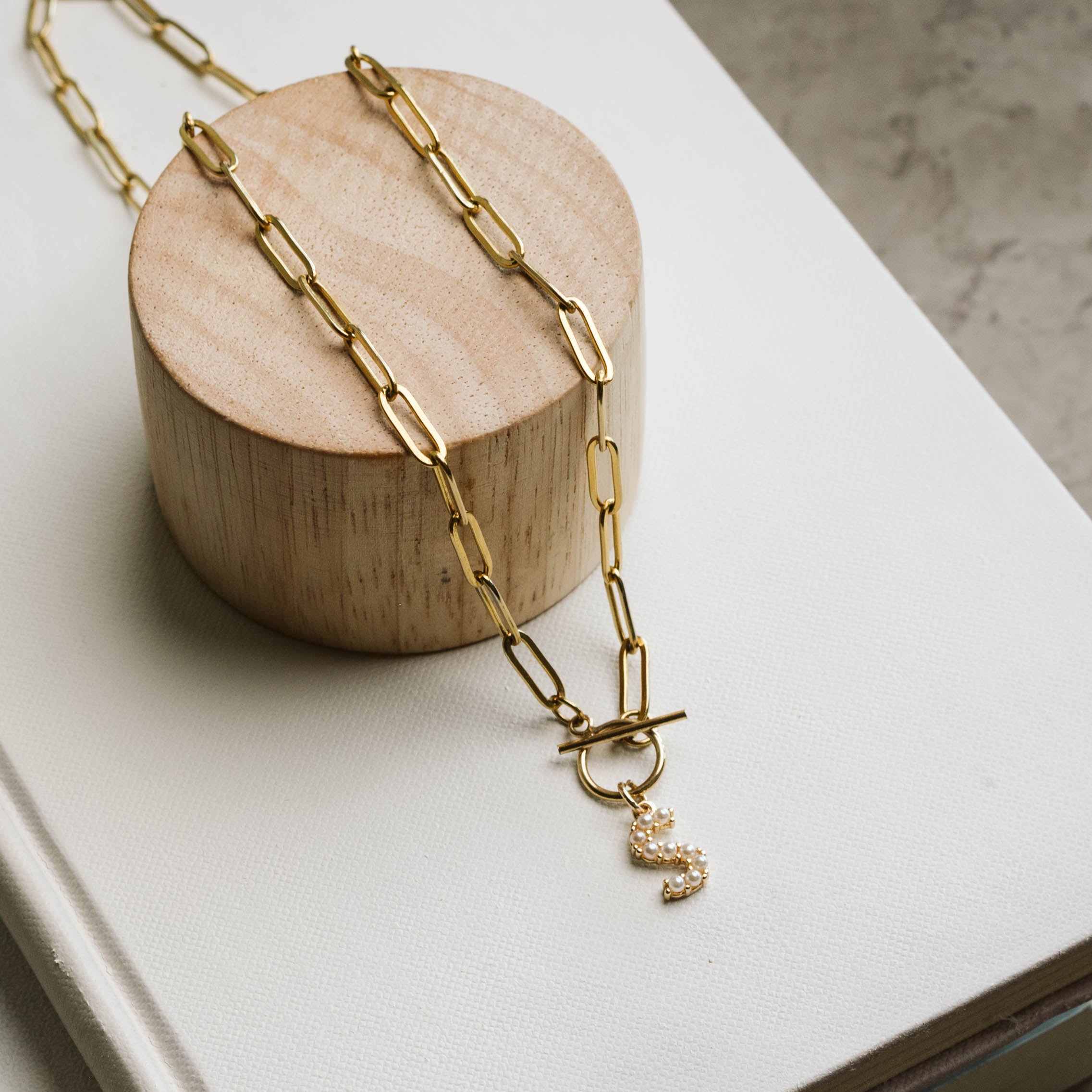 Pearl Initial Paperclip Chain Necklace